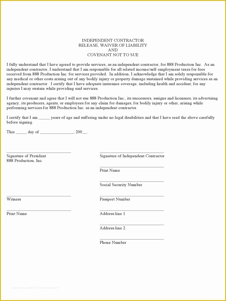 Free Liability Release form Template Of Contractor Liability Waiver form 2 Free Templates In Pdf