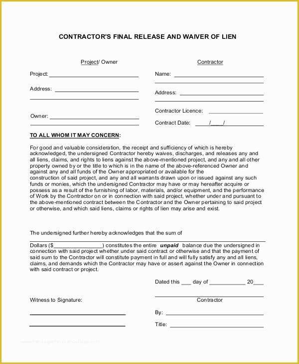Free Lien Release form Template Of 8 Lien Waiver forms