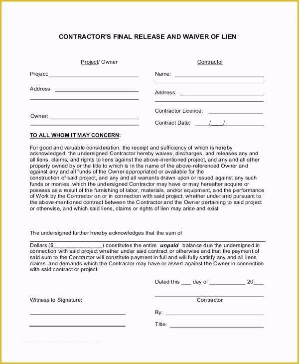 Free Lien Release form Template Of 8 Lien Waiver forms