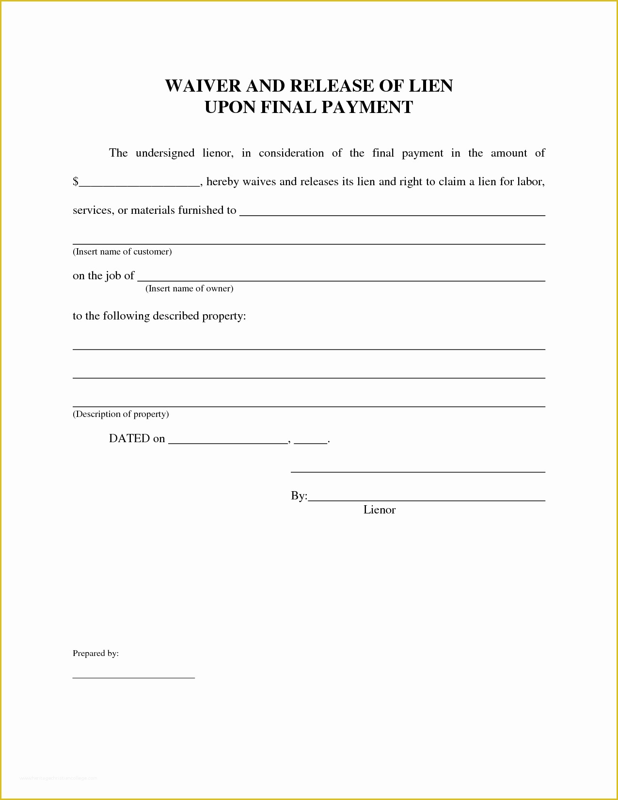 Free Lien Release form Template Of Best S Of Free Lien Waiver Print Free Lien Waiver