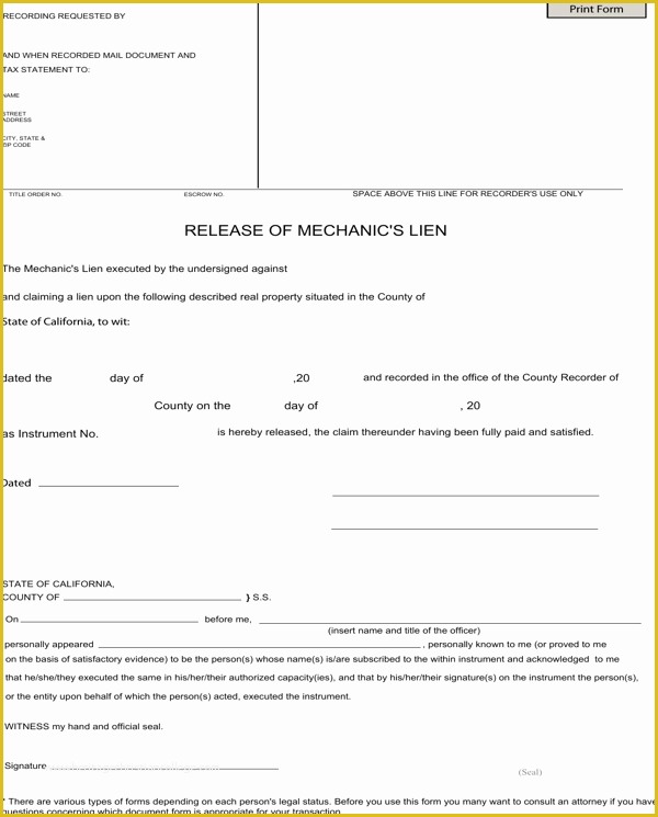 Free Lien Release form Template Of Download California Mechanic S Lien Release form for Free