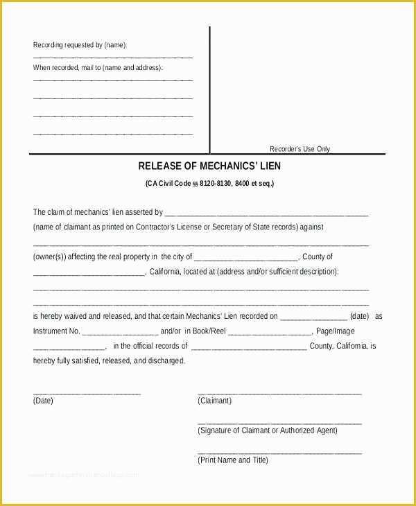 Free Lien Release form Template Of Lien Template Free Lien Release form Examples Lien Waiver