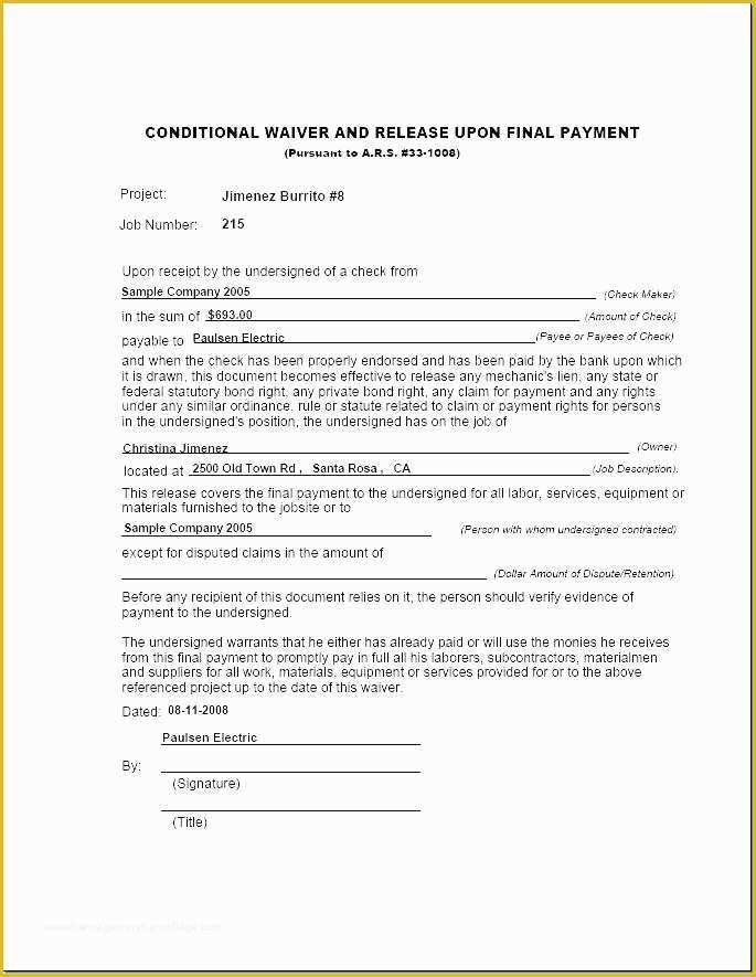 Free Lien Release form Template Of Lien Template Free Partial Lien Waiver Template form E