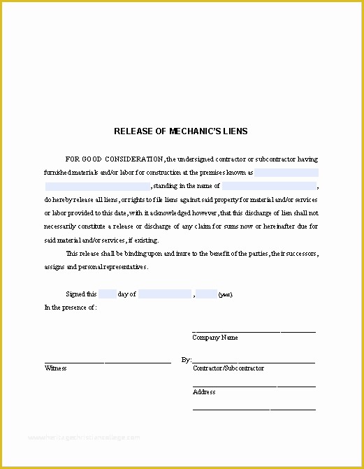 Free Lien Release form Template Of Release Of Mechanic’s Liens Certificate Template