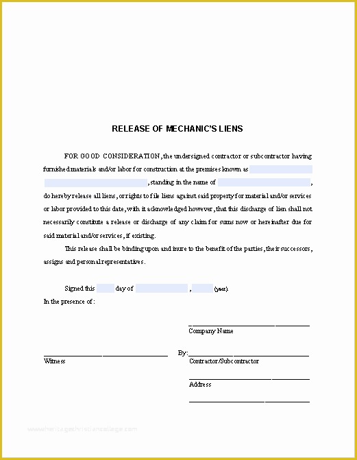 Free Lien Release form Template Of Release Of Mechanic’s Liens Certificate Template