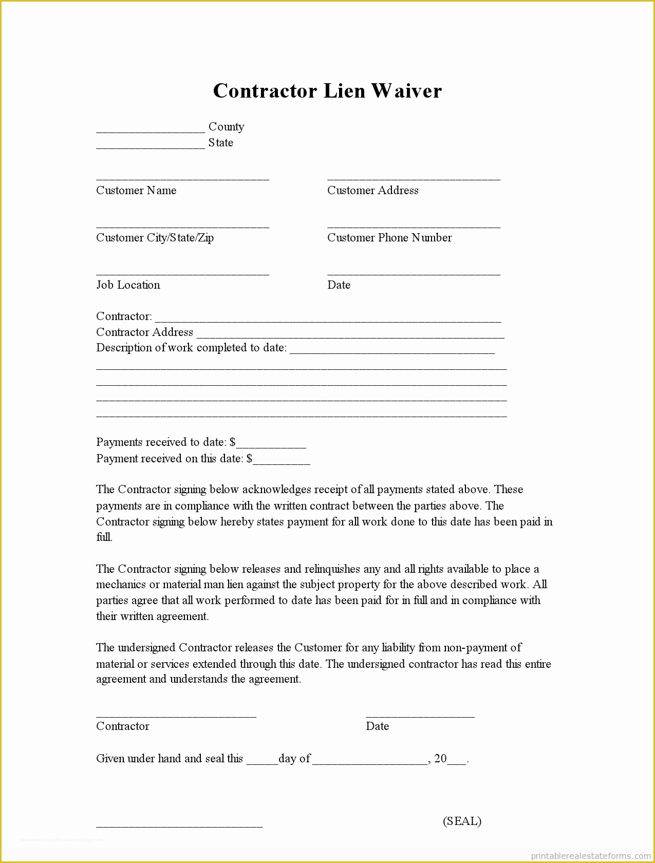 Free Lien Release form Template Of Sample Printable Contractor Lien Waiver form