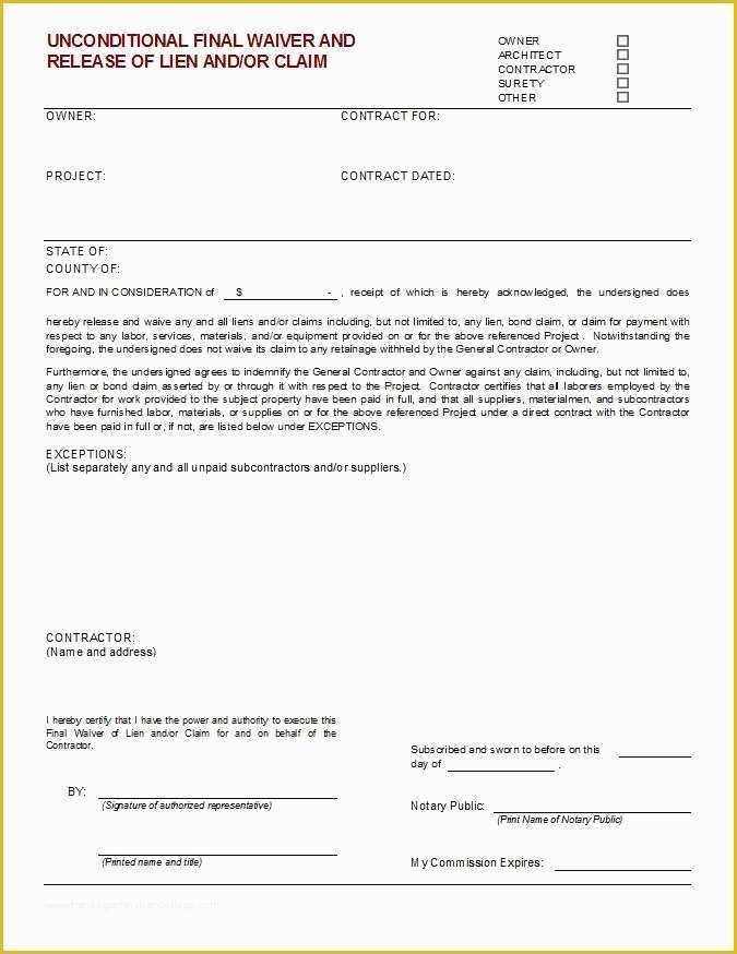 Free Lien Release form Template Of Unconditional Final Waiver Of Lien and or Claim Cms