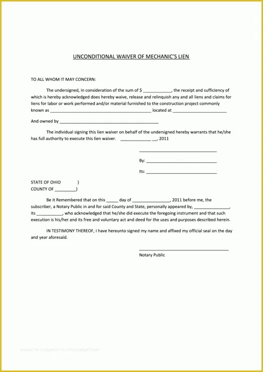 Free Lien Release form Template Of Unconditional Waiver Mechanics Lien form Printable Pdf