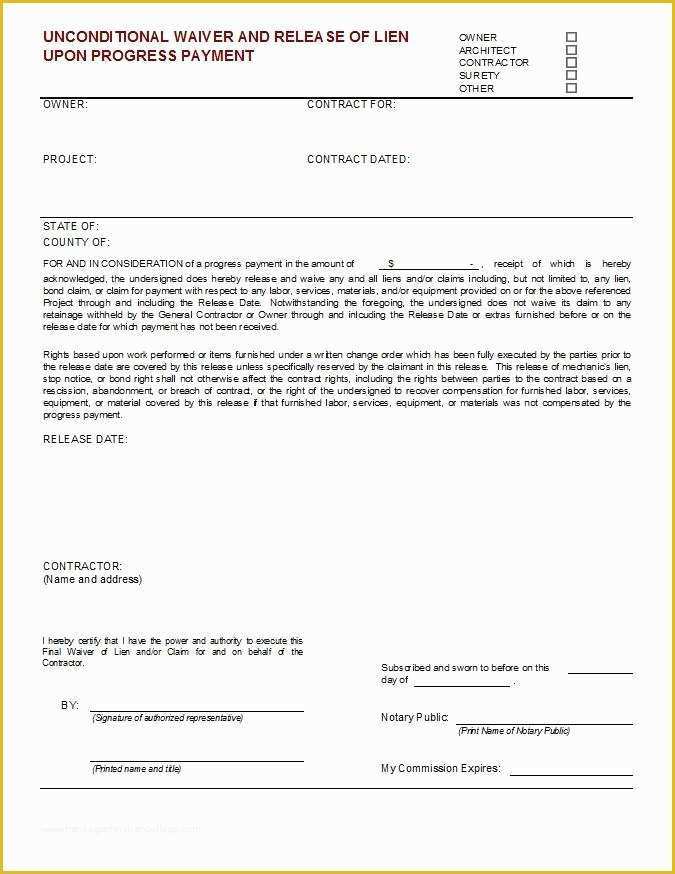 Free Lien Release form Template Of Unconditional Waiver Of Lien Upon Progress Payment Cms