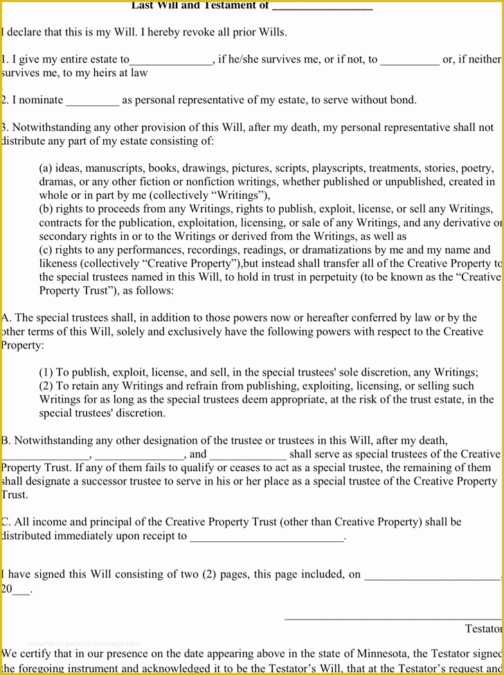 Free Living Will Template California Of Minnesota Last Will and Testament form