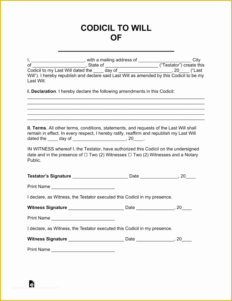 Free Living Will Template Of Free Codicil to Will form Pdf Word