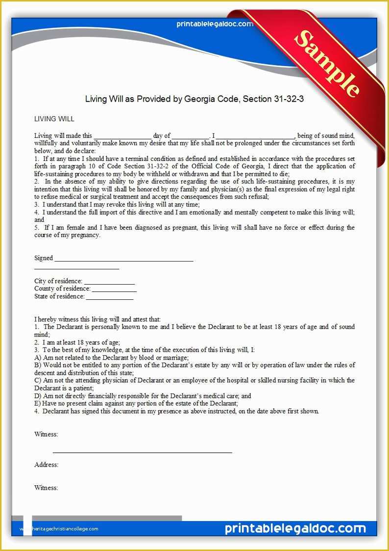 Free Living Will Template Georgia Of Free Printable Life Sustaining Statute Georgia form Generic