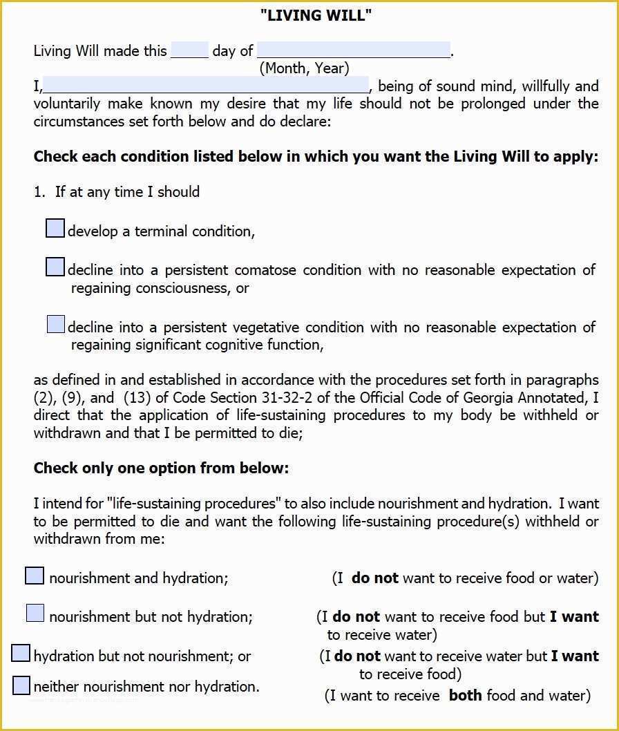 Free Living Will Template Georgia Of Georgia Living Will form Advance Directive Living Will