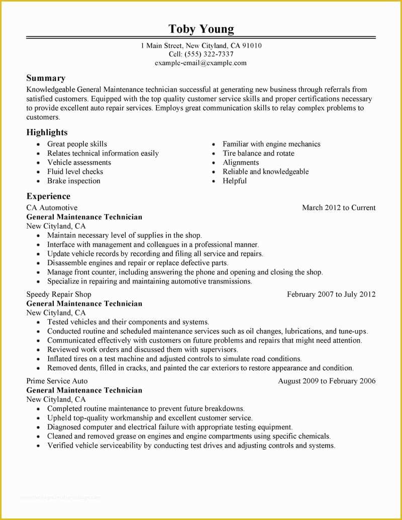 Free Maintenance Resume Templates Of 11 Amazing Automotive Resume Examples