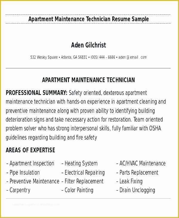 Free Maintenance Resume Templates Of Apartment Maintenance Technician Resume – Free Resume