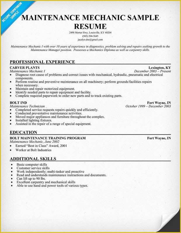 Free Maintenance Resume Templates Of Diesel Mechanic Resume Sample Cover Letter Samples