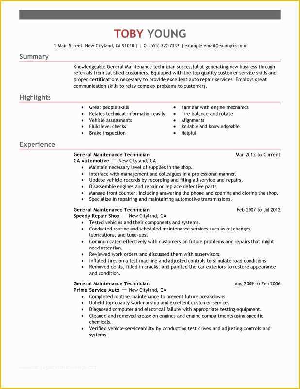 Free Maintenance Resume Templates Of General Maintenance Technician Resume Examples – Free to