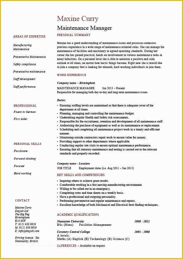 Free Maintenance Resume Templates Of Maintenance Manager Resume Example Job Description