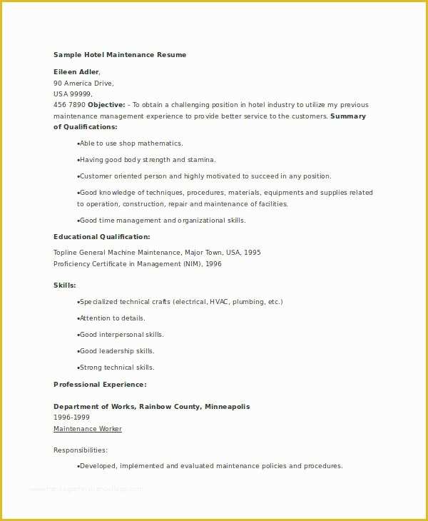 Free Maintenance Resume Templates Of Maintenance Resume 9 Free Word Pdf Documents Download