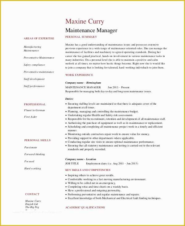 Free Maintenance Resume Templates Of Maintenance Resume 9 Free Word Pdf Documents Download