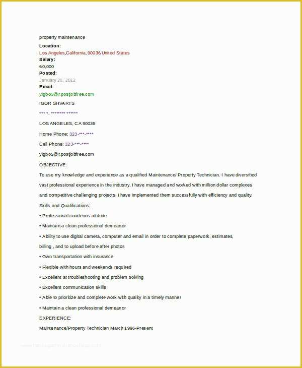 Free Maintenance Resume Templates Of Maintenance Resume 9 Free Word Pdf Documents Download