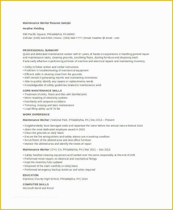 Free Maintenance Resume Templates Of Maintenance Resume 9 Free Word Pdf Documents Download