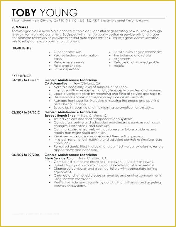 Free Maintenance Resume Templates Of Maintenance Technician Resume Industrial Example