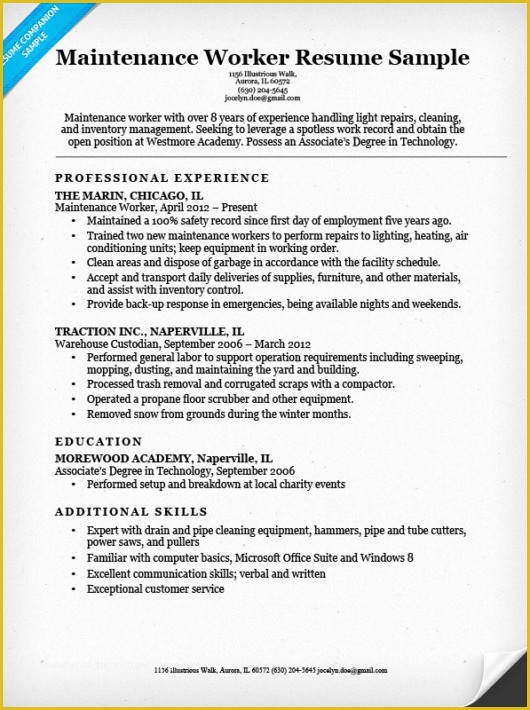 Free Maintenance Resume Templates Of Maintenance Worker Resume Sample