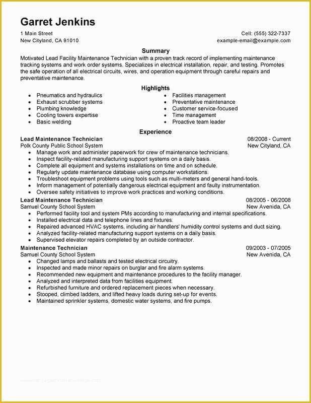 Free Maintenance Resume Templates Of Unfor Table Facility Lead Maintenance Resume Examples to