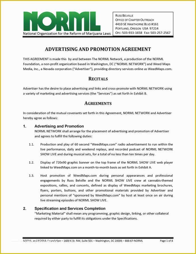 Free Marketing Contract Template Of Advertising and Promotion Agreement norml Network and