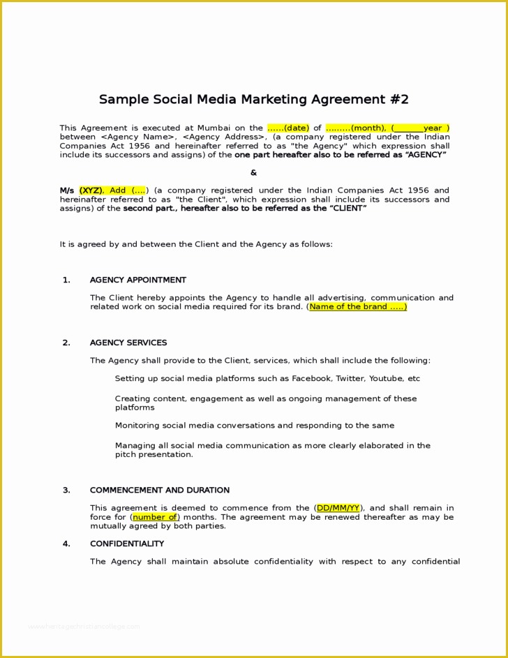 Free Marketing Contract Template Of Sample social Media Marketing Agreement Free Download