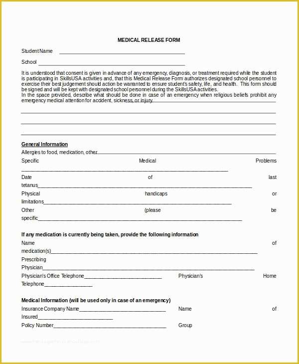 Free Medical Consent form Template Of 10 Medical Release forms Free Sample Example format