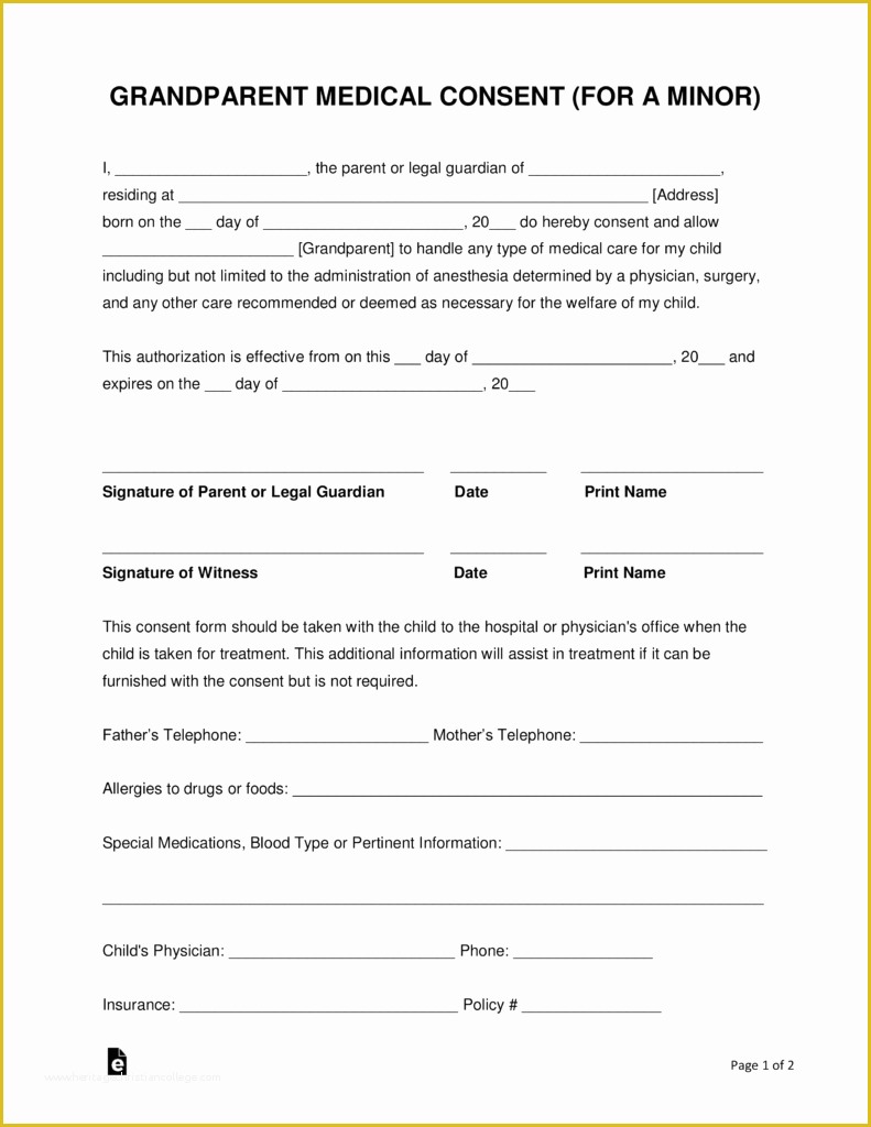 Free Medical Consent form Template Of Grandparents’ Medical Consent form – Minor Child