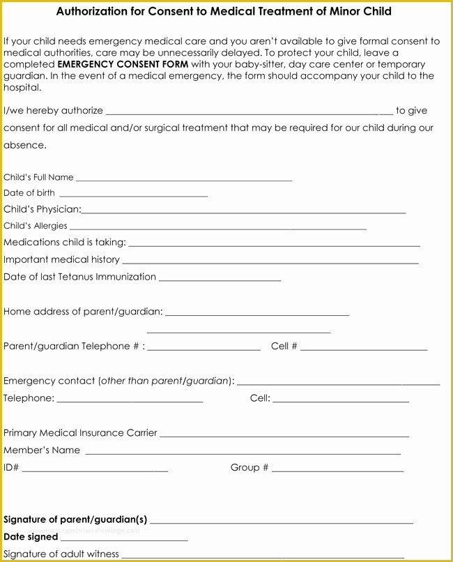 Free Medical Consent form Template Of Medical form for Child – Medical form Templates