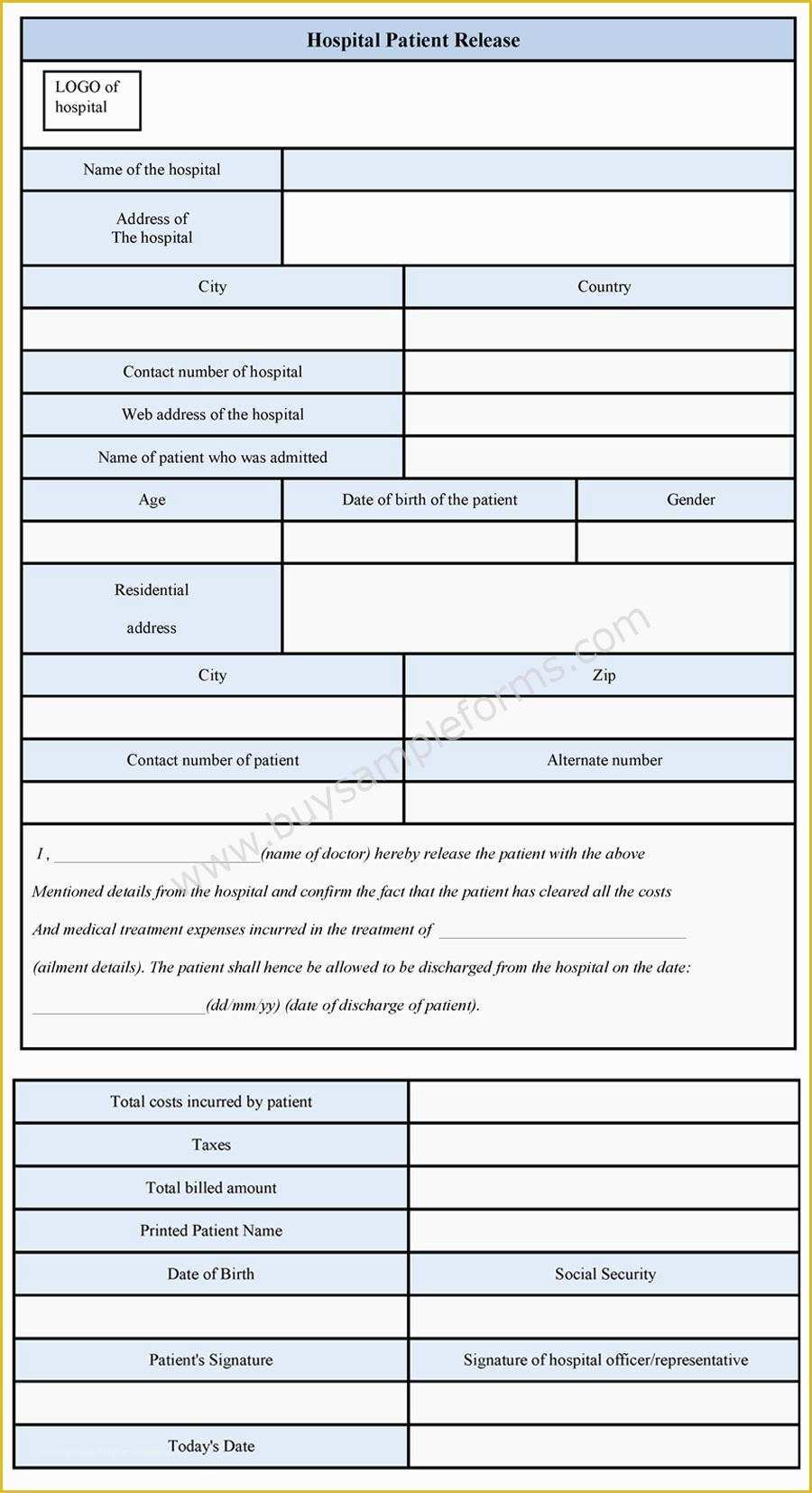 Free Medical Discharge forms Templates Of Hospital Patient Release form Sample forms