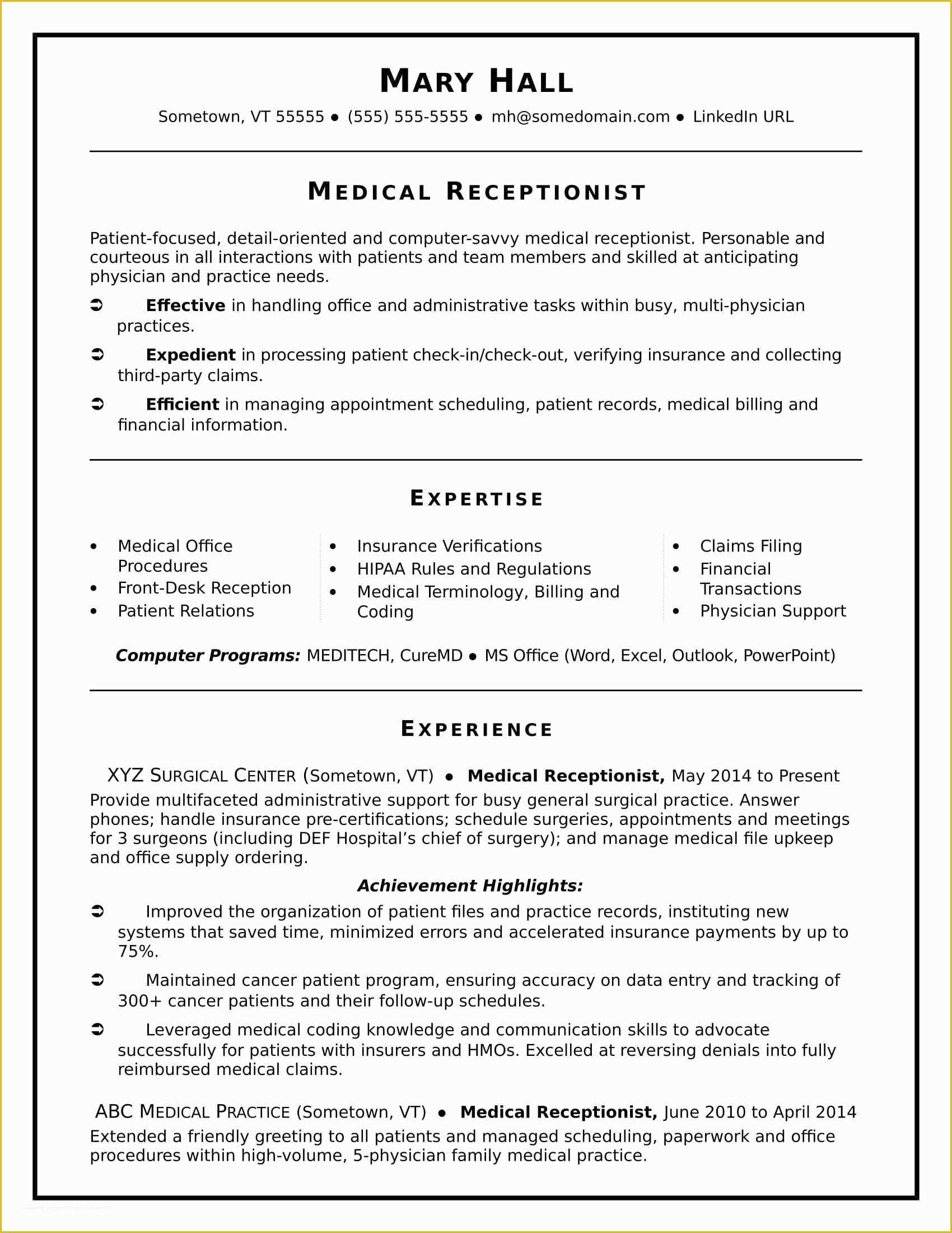 Free Medical Resume Templates Microsoft Word Of Medical Receptionist Resume Sample