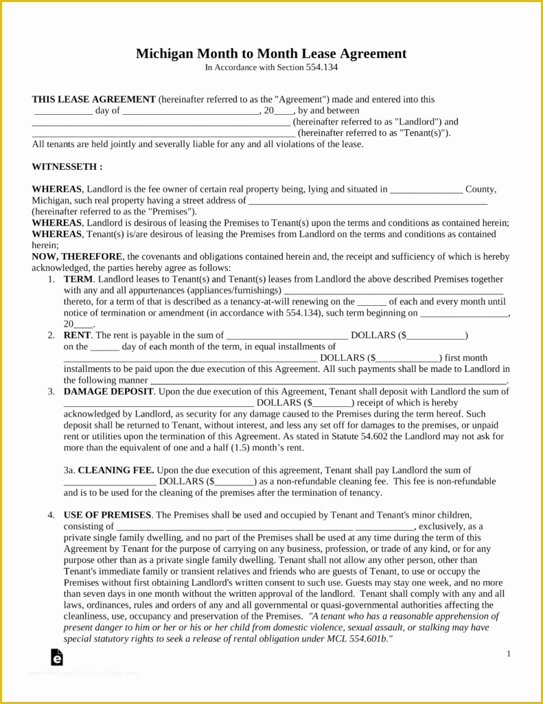 Free Michigan Will Template Of Free Michigan Month to Month Rental Agreement Template