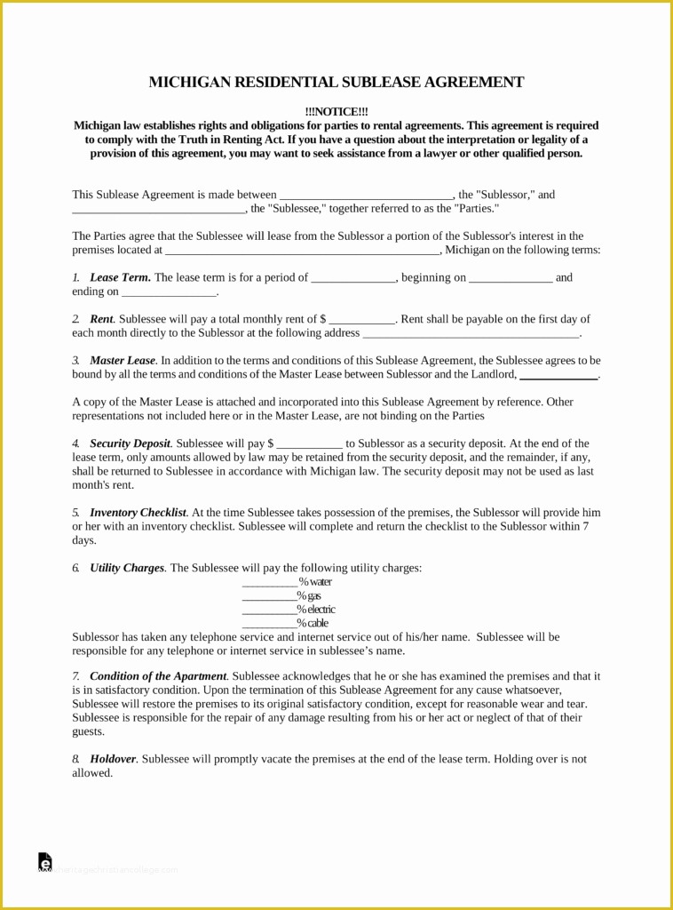 Free Michigan Will Template Of Free Michigan Sublease Agreement Template Pdf