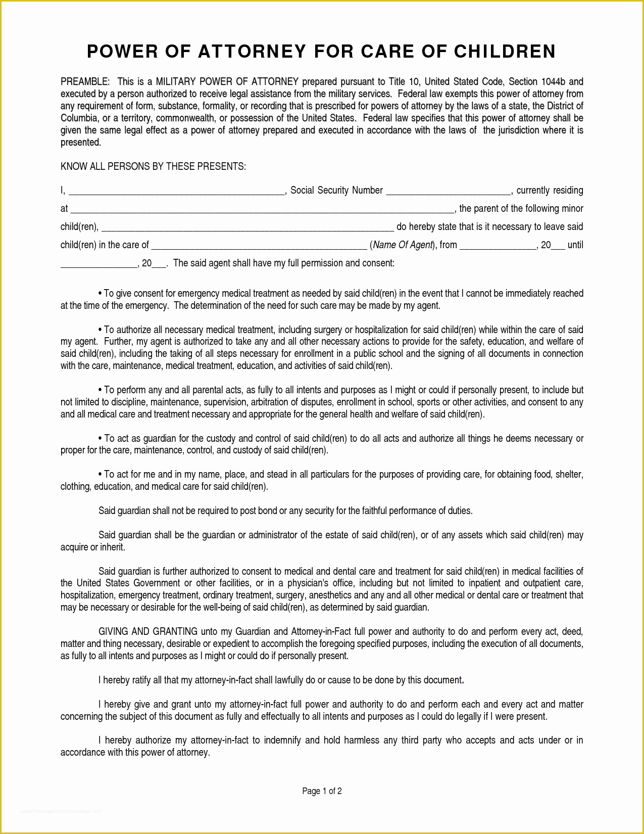 Free Michigan Will Template Of Power attorney form for Children Free Printable Documents