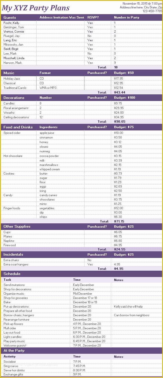 Free Microsoft Excel Templates Of Ms Excel event or Party Planner