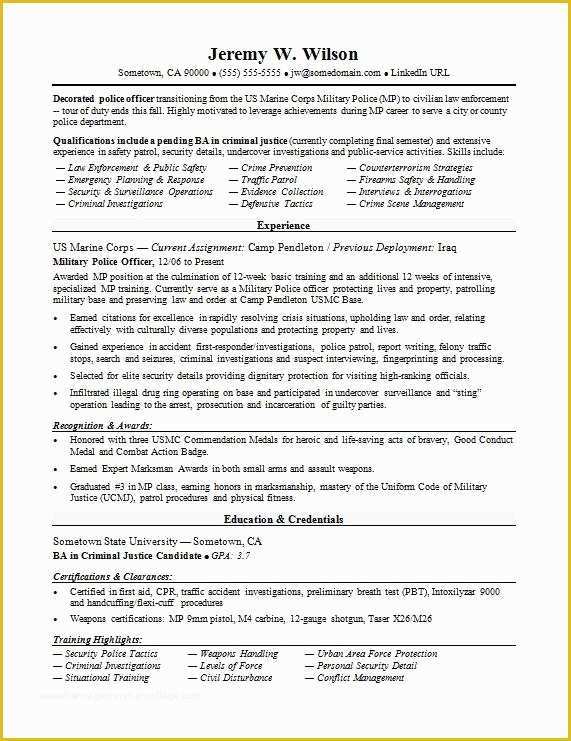 Free Military Resume Templates Of Police Ficer Military to Civilian Resume Sample