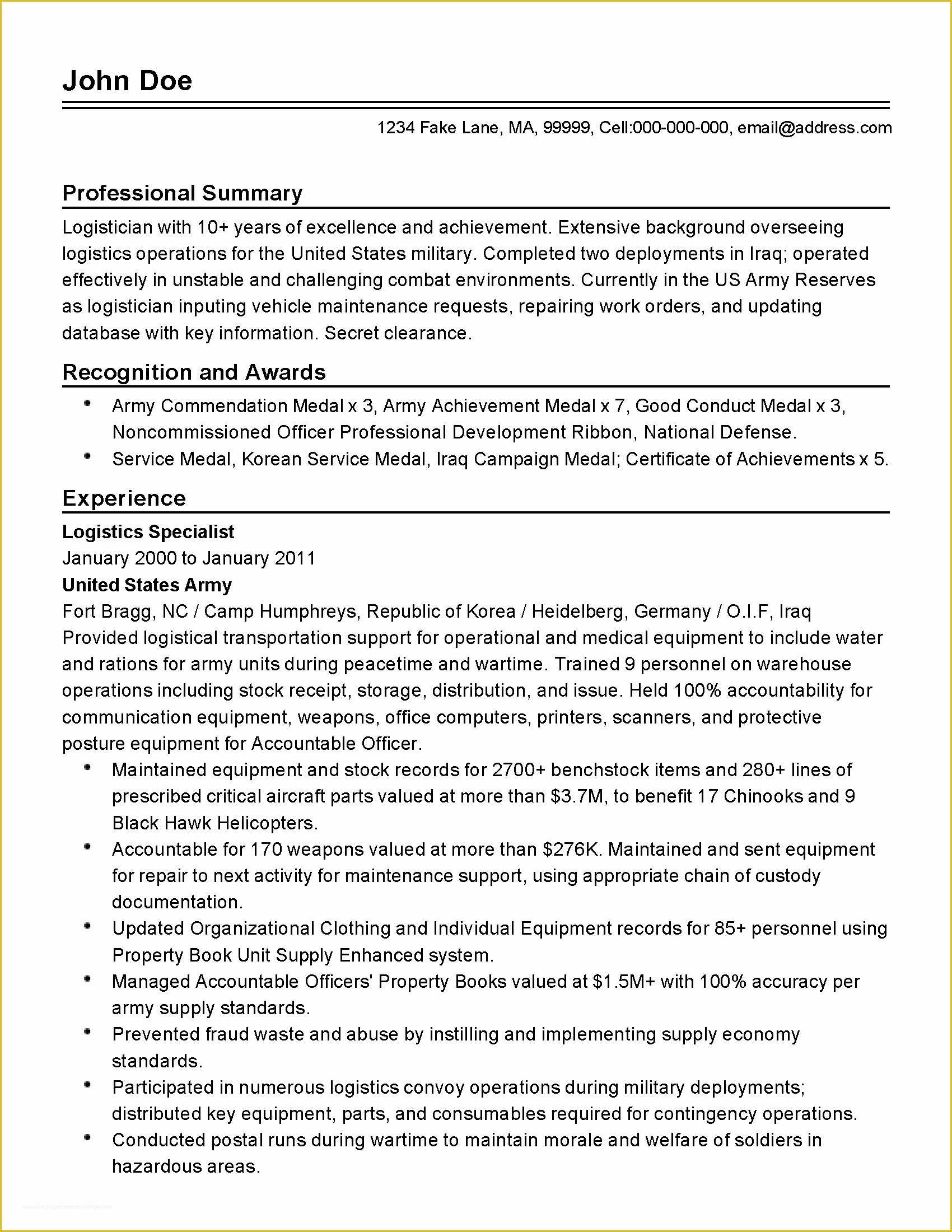 Free Military Resume Templates Of Professional Military Logistician Templates to Showcase