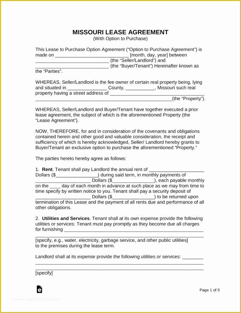 Free Missouri Lease Agreement Template Of Free Missouri Lease Agreement with Option to Purchase