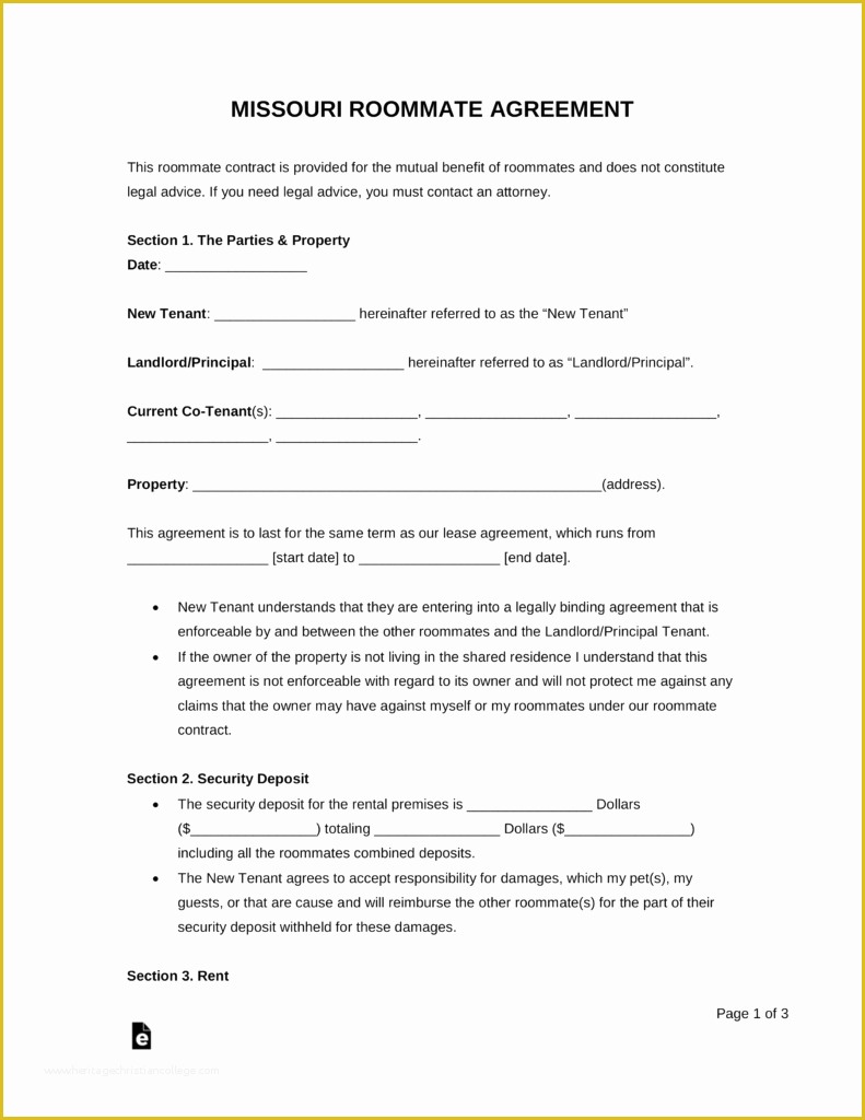 Free Missouri Lease Agreement Template Of Free Missouri Roommate Agreement form Pdf