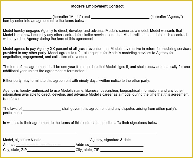 Free Modeling Contract Template Of Model Employment Contract