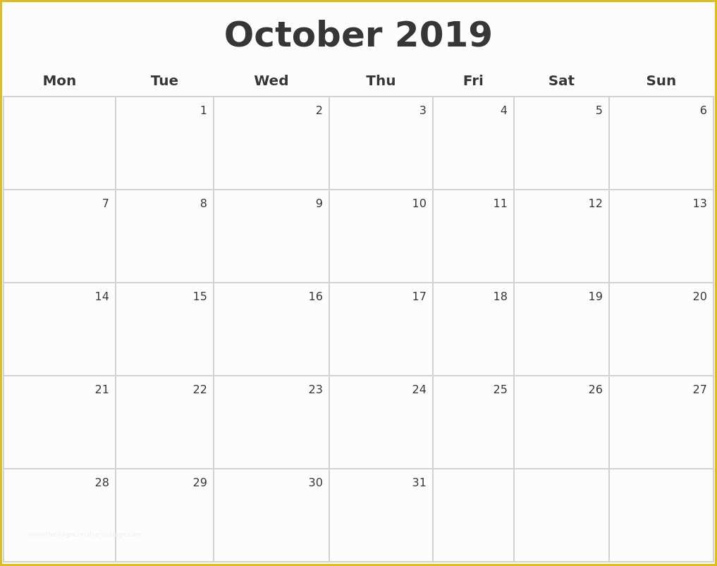 Free Monday Through Friday Calendar Template Of 2019 Calendar Monday Through Friday October