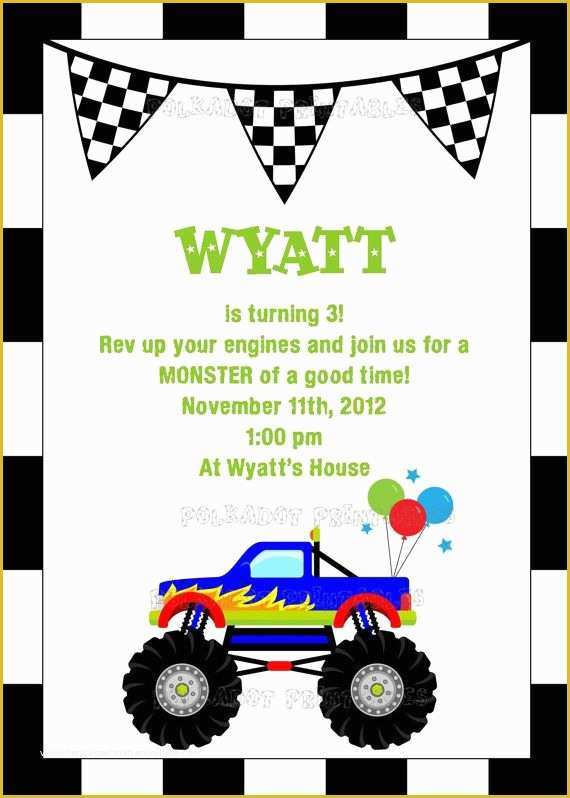 Free Monster Invitation Template Of Monster Truck Party Invitation 5x7 Printable Digital File