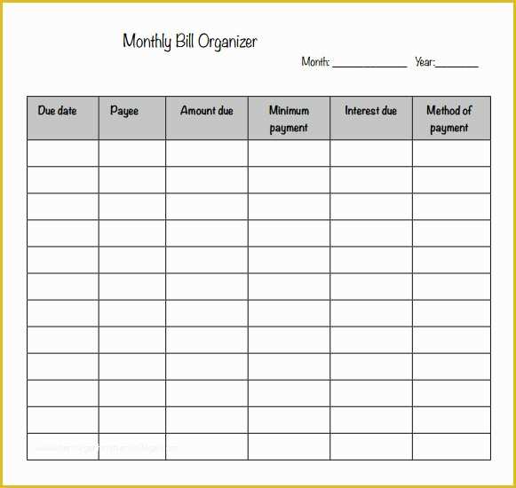 Free Monthly Bill Planner Template Of 5 Sample Bill organizer Charts
