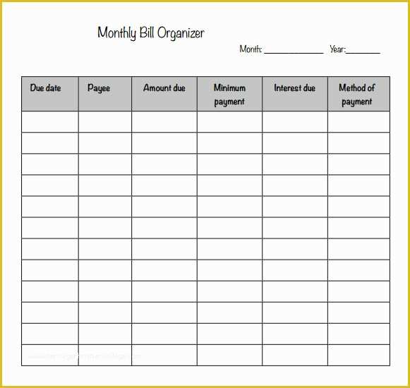 Free Monthly Bill Planner Template Of 5 Sample Bill organizer Charts
