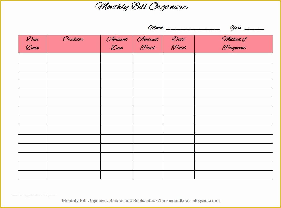 Free Monthly Bill Planner Template Of Bill organizer Template
